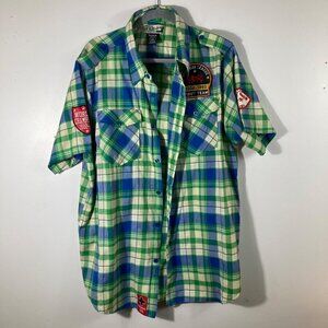Mens Raw Blue Fearless Rebel Shirt Button Plaid Short Sleeve‎ Embroidered 2XL